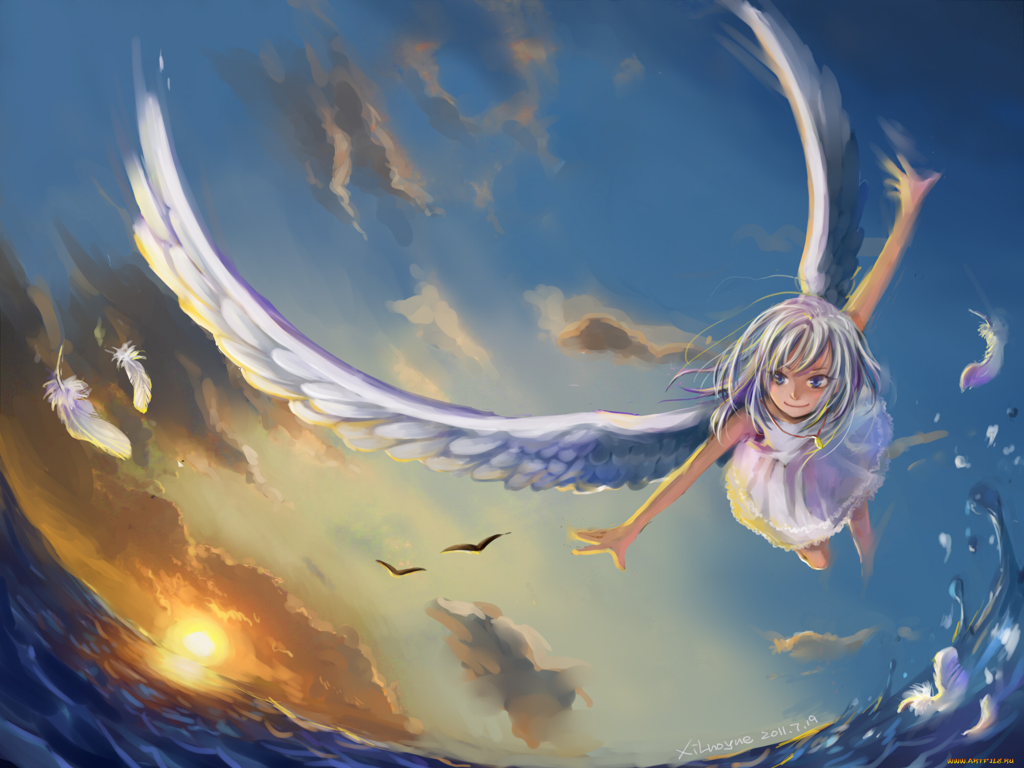 Полет ангел синий фон иллюстрация